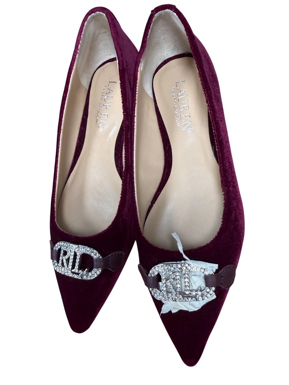 Ralph Lauren Burgundy Velvet Pointed Toe Flats with Crystal RL Buckle